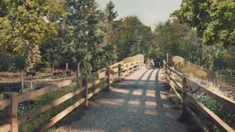 Russell Perry Visual Studio A CGI image of a footpath. Either side are light brown wooden fencing. The path is gravel. The path is surrounded by green trees