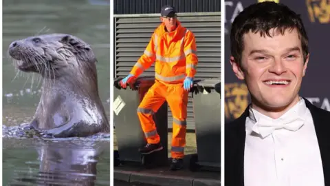 The image on the left is of an otter's head appearing above the water in a river, the middle image shows a refuse collector with two black bins and the third image shows the actor Robert Aramayo at the Bafta Awards.