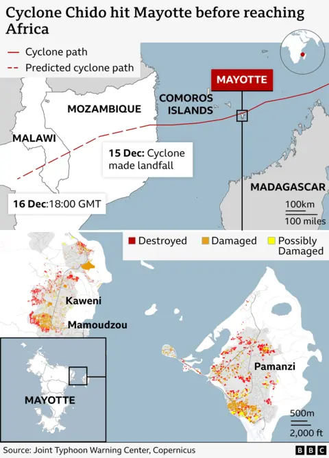 The BBC image shows how Cyclone Chido when it attacked Mayotte in the Indian Ocean is heading towards the continent of Africa.