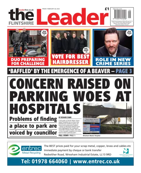 The Flintshire Leader The Flintshire Leader front page. The main headline reads: "Concern raised on parking woes at hospitals". 