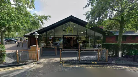 Google The outside of the Bracknell McDonalds trees can be seen either side of the entrance