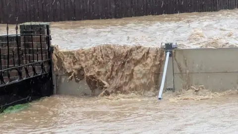 Elaine Merrick-Reed Flood water goes over the top of a flood barrier outside a house in Chard in Somerset. The flood water is a light brown colour and the barrier is grey. A stone wall and dark railings are also visible