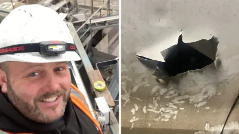 A collage of an image of Oliver Powell wearing a white hard hat and orange hi-vis, smiling into the camera, and a close-up of a gaping hole on the side of his white van.