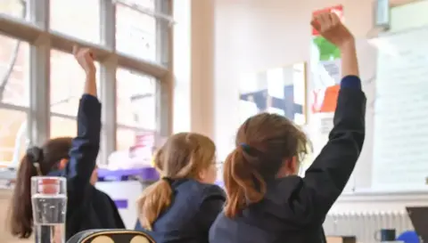 Pupils raise their hands in a classroom - anonymised