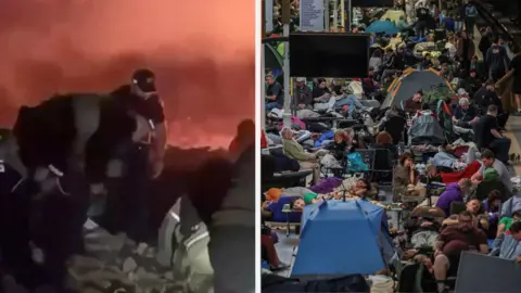 On the left, an image of a firefighters searching through rubble. On the right, a crowd of people seek shelter in a Kyiv subway station/
