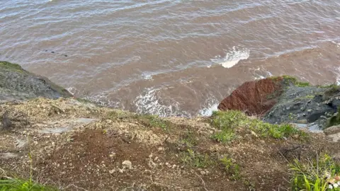 A view looking down a cliff face with exposed mud and stone. Below is the brown water of the Bristol Channel.