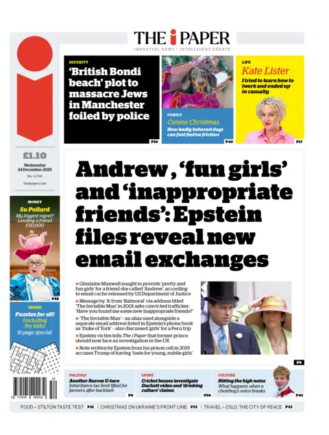  Epstein files reveal new email exchanges" reads the headline on the front page of the i Paper.