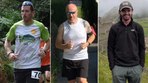 Guernsey Mind Three pictures put together. Left to Right is Luke Penney, Darren Broad and Jon Allaway. Luke Penney is wearing a Guernsey Marathon 2025 shirt and black shorts with the number 70 on them. He is running. Behind him is a person in an orange top and black shorts. There are green bushes behind him. Darren Broad is wearing a white vest top, black shorts and sunglasses. Behind him is a road sign and concrete road and green bushes. Jon Allaway wearing a black zip up jumper, a grey cap and grey trousers. Behind him are grey stone walls and green grass. 