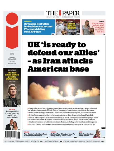 "UK 'is ready to defend our allies' - as Iran attacks American base" reads the headline of The i Paper.