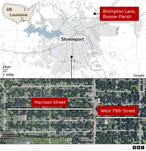 Split graphic with two maps of the Shreveport area, Louisiana, US. The top map locates Brompton Lane in Bossier Parish relative to central Shreveport. The bottom satellite image highlights Harrison Street and a site at the 300 block of West 79th Street in a residential neighbourhood