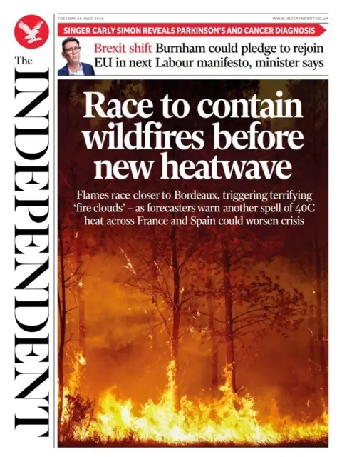 "Race to contain wildfires before new heatwave," reads the headline on the front page of the Independent.