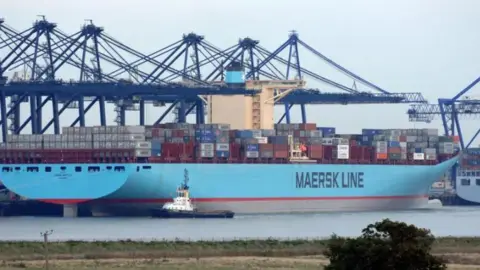 Ashley Pickering A Maersk Line ship with a blue hull loaded with containers and docked at the Port of Felixstowe. A row of blue cranes is on the quayside. In the foreground is the opposite bank of the estuary at Shotley Gate.