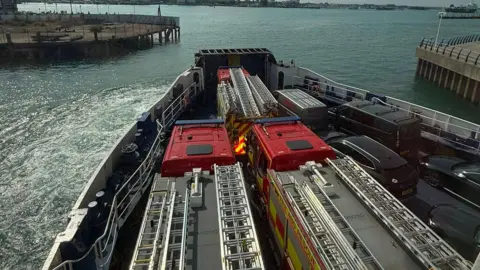 Droxford Fire Station Fire engines on a ferry heading to the isle of wight