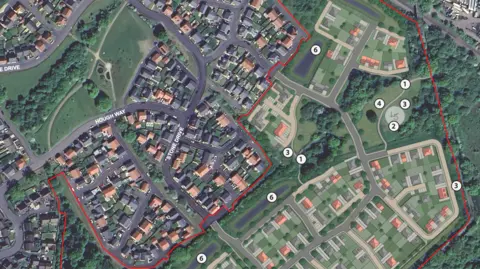 Shropshire Council A map shows a residential area with green spaces around it to the left, and then impressions of potential new houses on the right, with a red border around the new site and numbers labelling different parts of it.