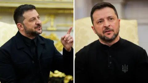 Reuters Composite image showing Zelensky wearing a black jacket and shirt on Monday in the Oval Office on the left, with a photo of him from February's appearance when he was criticised for wearing military attire.