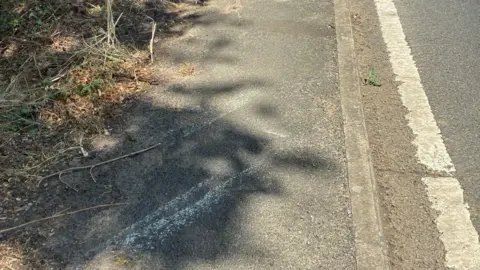 Skid marks on a pavement, next to a single white line on one side of them, a grass verge on the other.