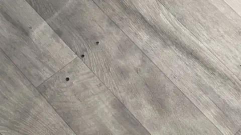 Resident Three rodent droppings on a grey wood plank style floor