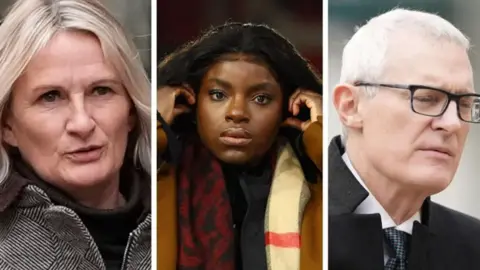 PA/REUTERS Court arrival headshots of Jeremy Vine (right), Lucy Ward (centre) and Eni Aluko (centre)