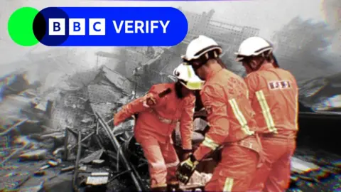 Rescue workers at a collapsed building 