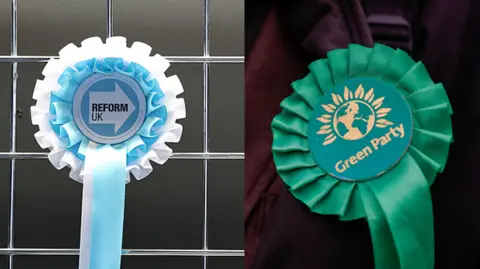 Reform UK and Green Party rosettes