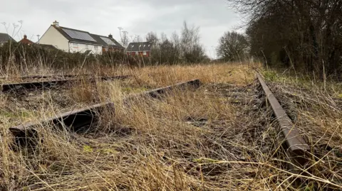 The edges of a rusting metal track among overgrown, drying yellow grass. A couple of new-build houses can be seen in the distance.