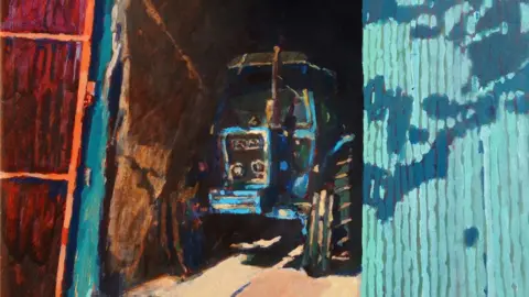 Robjn Cantus/Cambridgeshire PFS A brightly coloured painting of a blue tractor in a shed. The wall inside the shed is brown and the external wall if bright blue while the door is open on the left and is brown.
