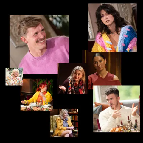 Elenco de The Traitors da BBC em vários trajes, incluindo malhas e cores fortes