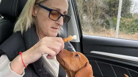 Family handout Lynn Ecclestone with family pet Glynny. The pair are sitting in a car and Mrs Ecclestone is feeding the 10-week-old puppy a treat.