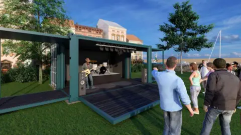 An artist's impression of the outdoor space, which has a turquoise stage with someone playing a guitar on it and people watching on a sunny day.
