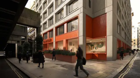 City of London Corporation handout A computer-generated image of a commercial space with orange frontage, on the ground floor of the proposed development, with people on the street walking past