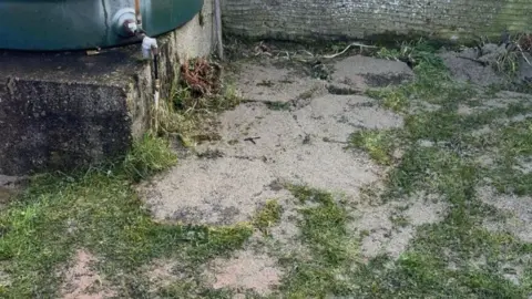 Photo shows the oil tank and sand on the grass in the garden.