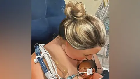 Painting of a woman with her son on her chest in hospital