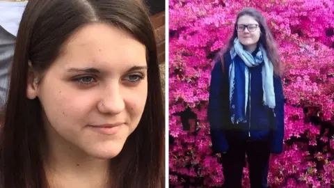 The image is split into two, the left side shows a young woman, Laura with brown hair and a nose stud. The right side shows a young woman named Cariss standing wearing a blue jacket and a scarf around her in front of a bush with pink flowers