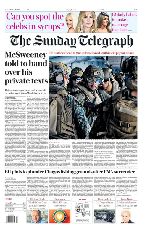 The headline on the front page of the Sunday Telegraph reads: "McSweeney told to hand over his private texts".