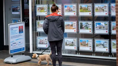Woman looking at house prices in an estate agent's window