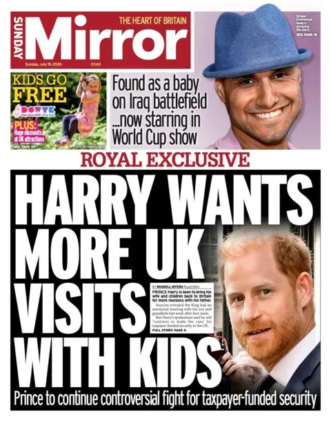 The headline on the front page of the Daily Mirror reads: 'Harry wants more UK visits with kids.'