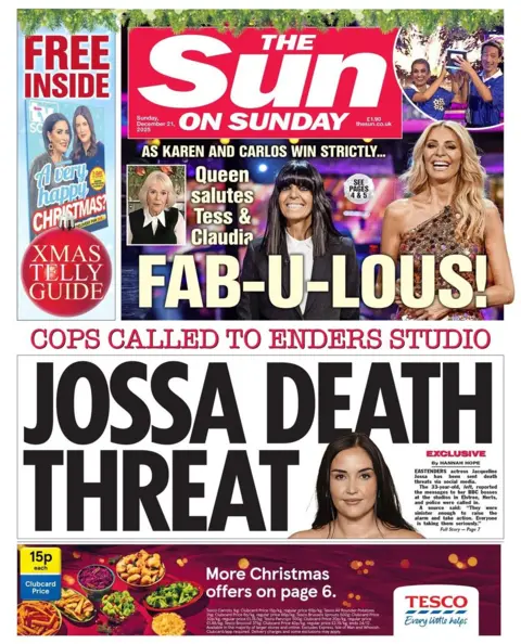 "Jossa death threat: Cops called to Enders studio" reads the headline on the front page of the Sun on Sunday.