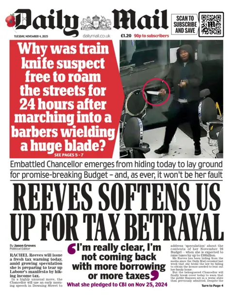 "Reeves softens us up for tax betrayal," reads the headline on the front page of the Daily Mail