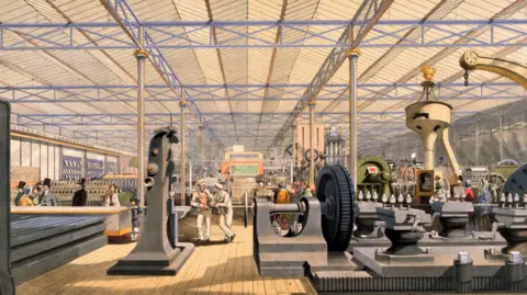 Hulton Archive via Getty Images Drawing of the machinery in motion display inside the Crystal Palace with people standing around various large machines