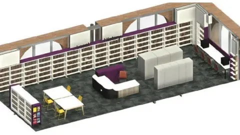 Reading Borough Council/Showcase PSR A CGI image of how the new local history at Reading Central Library will look. It will have bookshelves running alongside the length of one wall, desk space for eight chairs in two areas and a reception desk.