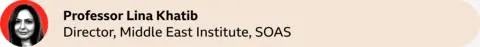 A red circle with a picture of Professor Lina Khatib, Director, Middle East Institute, SOAS