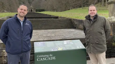 BBC Rob Harrison Head of Operations at Chatsworth (left) with Head Gardener Steve Porter next to the Cascade that has been leaking for years