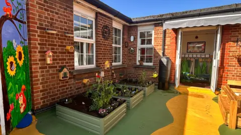 Luton Borough Council The outside of Denbigh Primary School, showing a garden on a rooftop, with painted floor, planted areas, and a number of windows.