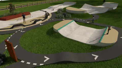 Wheelscape Visual depiction of what the skatepark will look like. A close-up view of the path that is going around some of the park which is on grass and a few people, trees and a fence can be seen.