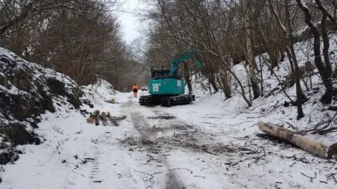 Peak District National Park Authority Machinery on the Monsal Trail where tree felling is taking place 