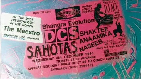 Moss Sheikh/Mick Chandsoor/Legacy Bhangra Daytimers A pink ticket stub, faded, advertising an event billed as 'Bhangra Evolution' and taking place at The Maestro, "the best discotheque in the North"
