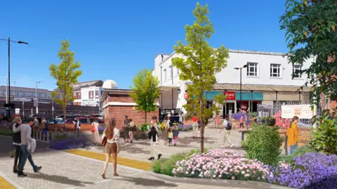 An artist's impression of Workington public realm improvements. Flower beds and thin green trees are superimposed onto a pedestrianised plaza in front of an Argos store. People in summer clothing are strolling along the paths.