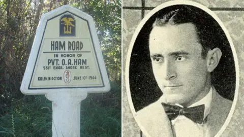 Cambridge American Cemetery Otis Ham and a French road sign commemorating his death