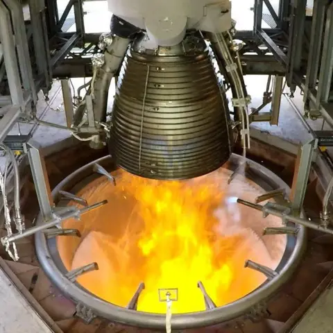 The ARIANEGROUP Vulcain-2 engine is fired up on a test stand