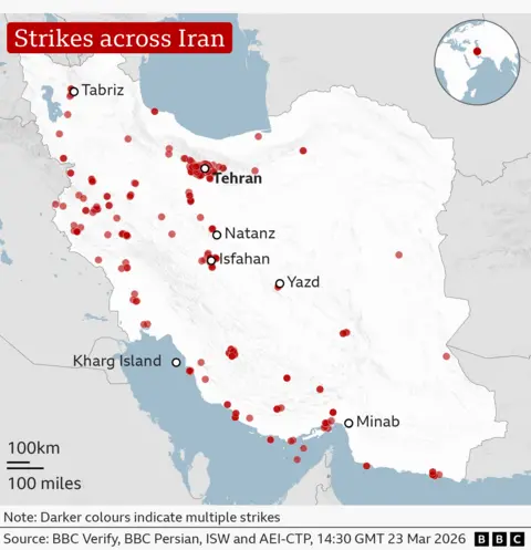 BBC The image is a map of Iran with red dot symbols indicating locations which have had one or more US and Israeli strikes. In addition some key cities are labelled, these include:

- Tabriz (north west Iran)
- Tehran (north central Iran, the capital)
- Natanz (central Iran)
- Isfahan (central Iran)
- Yazd (central Iran)
- Minab (south Iran)

Also labelled is Kharg Island, to the south-west of Iran.
The map includes a small inset globe in the top-right corner highlighting Iran’s location in the Middle East. A BBC logo appears in the bottom-right corner. The borders of surrounding countries and coastlines are faintly outlined, but the focus is on the distribution of strike locations across Iran.